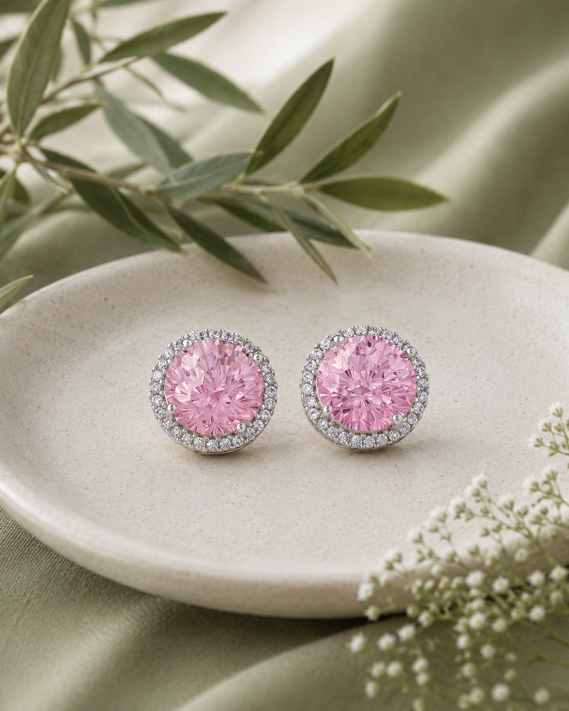 Pink Round Halo Earrings
