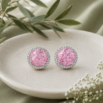 Pink Round Halo Earrings