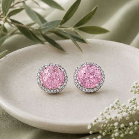 Pink Round Halo Earrings