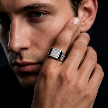 Dual Black enamel Strip cz Diamond 925 Sterling Silver Ring for men