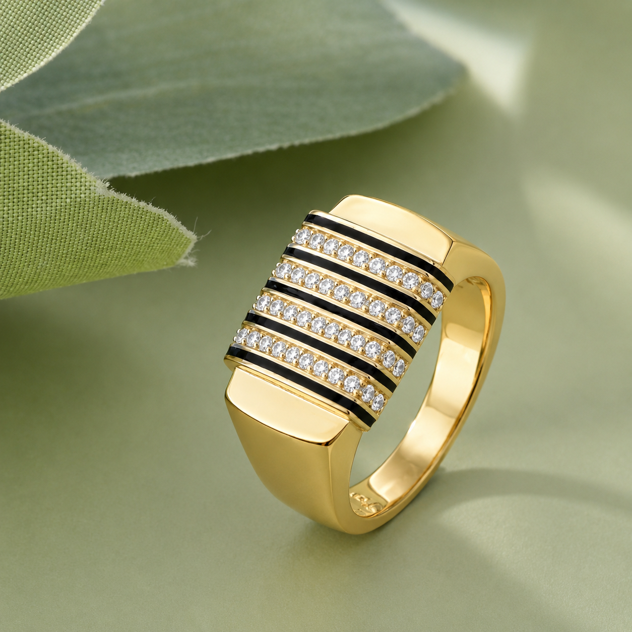 Black Enamel CZ Stripe Ring for Men 925 Sterling Silver Gold Finish