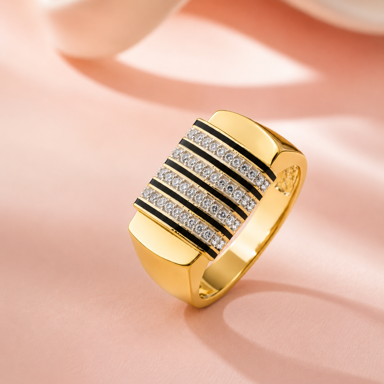 Black Enamel CZ Stripe Ring for Men 925 Sterling Silver Gold Finish