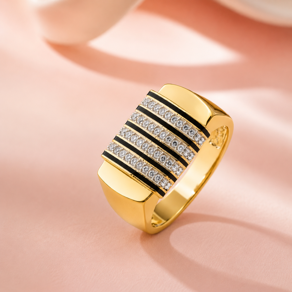 Black Enamel CZ Stripe Ring for Men 925 Sterling Silver Gold Finish