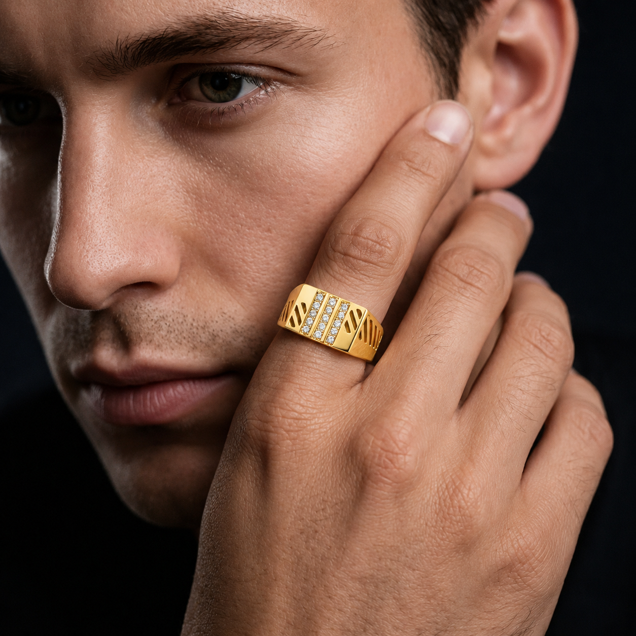 Triple Line CZ Men's Ring – 925 Sterling Silver Gold Ring for Men