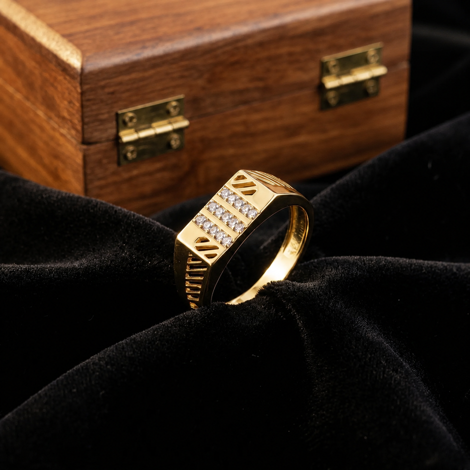 Triple Line CZ Men's Ring – 925 Sterling Silver Gold Ring for Men