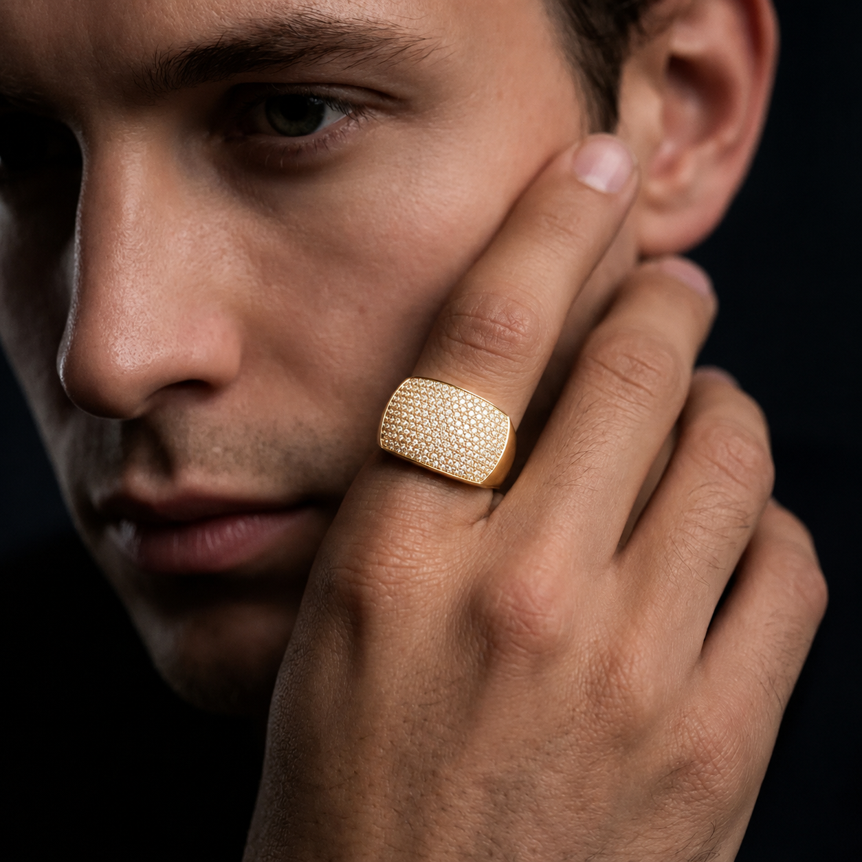 Pave CZ Diamond Statement Ring for Men 925 Sterling Silver Gold Finish