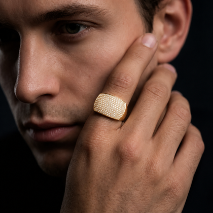 Pave CZ Diamond Statement Ring for Men 925 Sterling Silver Gold Finish
