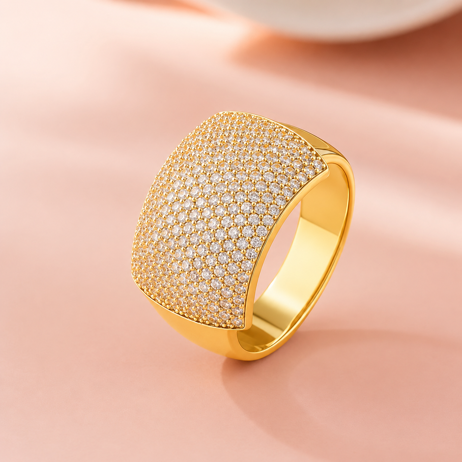 Pave CZ Diamond Statement Ring for Men 925 Sterling Silver Gold Finish