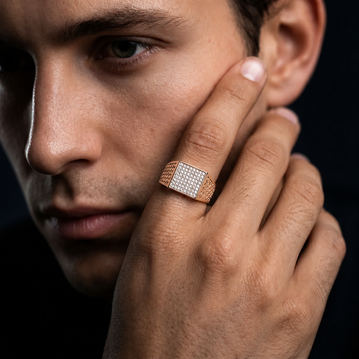 Elegant Diamond Cluster 925 Sterling Silver Rose Gold Ring for Men