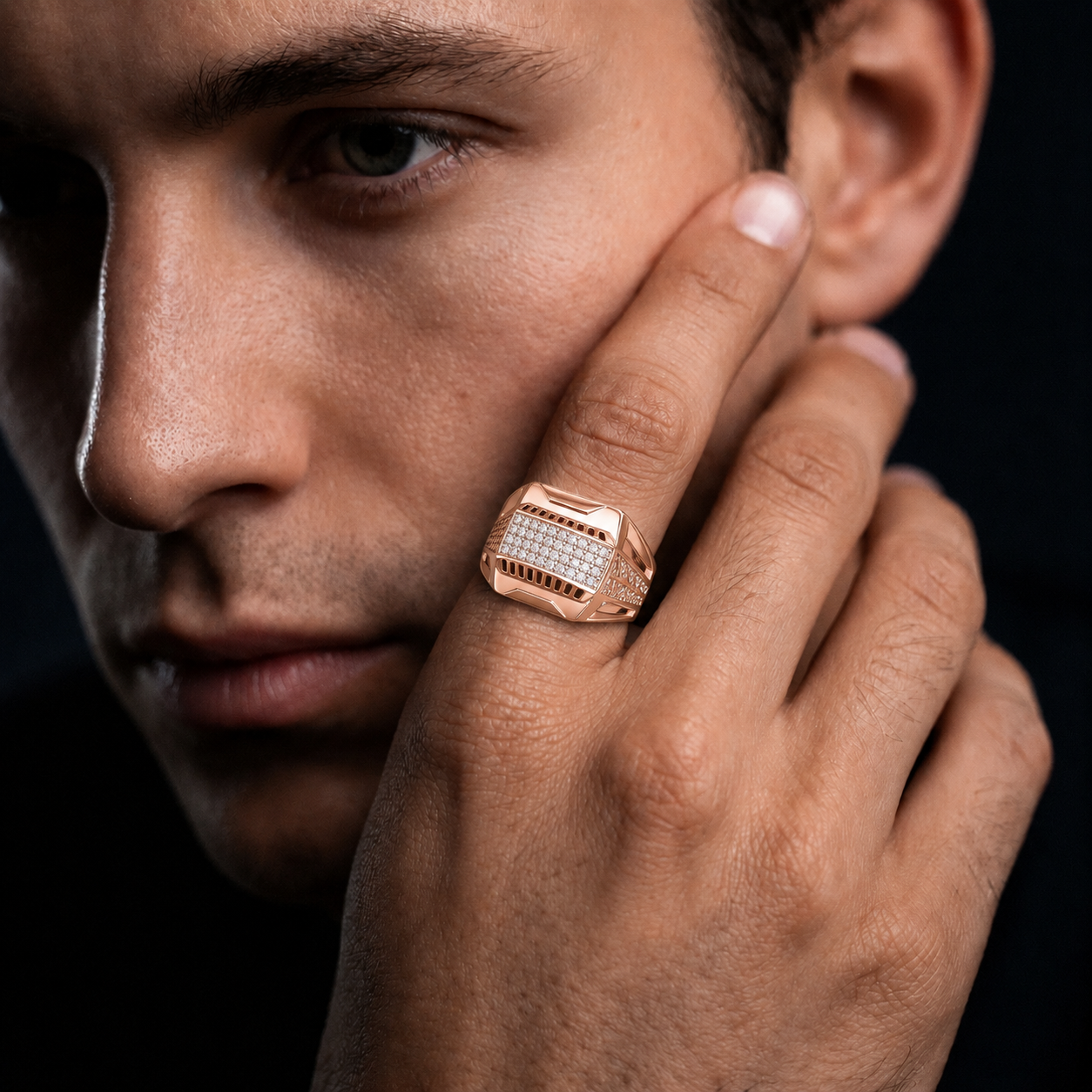 Cluster CZ Diamond 925 Sterling Silver Rose Gold Ring for Men