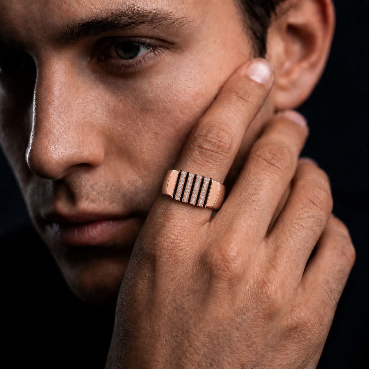 Modern Diamond Stripe 925 Sterling Silver Rose Gold Ring for Men