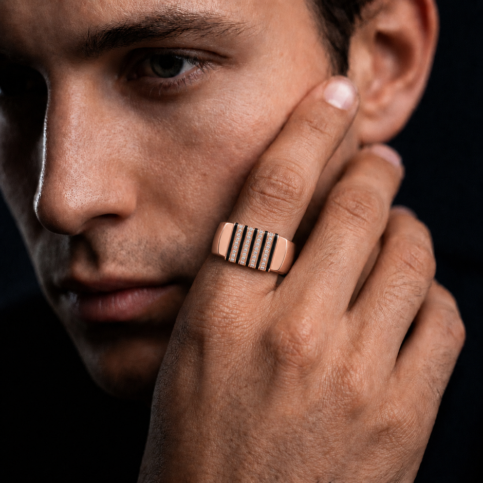 Modern Diamond Stripe 925 Sterling Silver Rose Gold Ring for Men