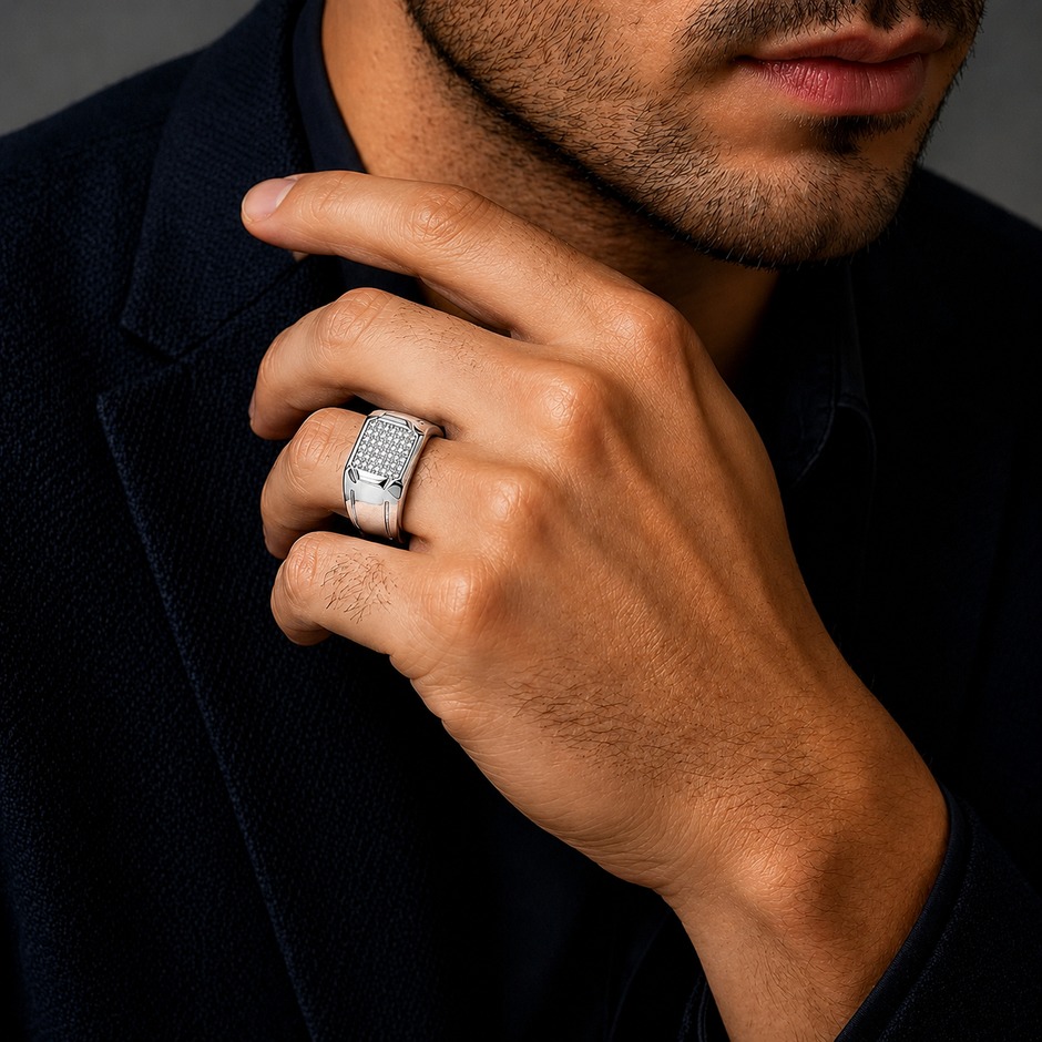 925 sterling silver men’s rectangular CZ cluster statement ring