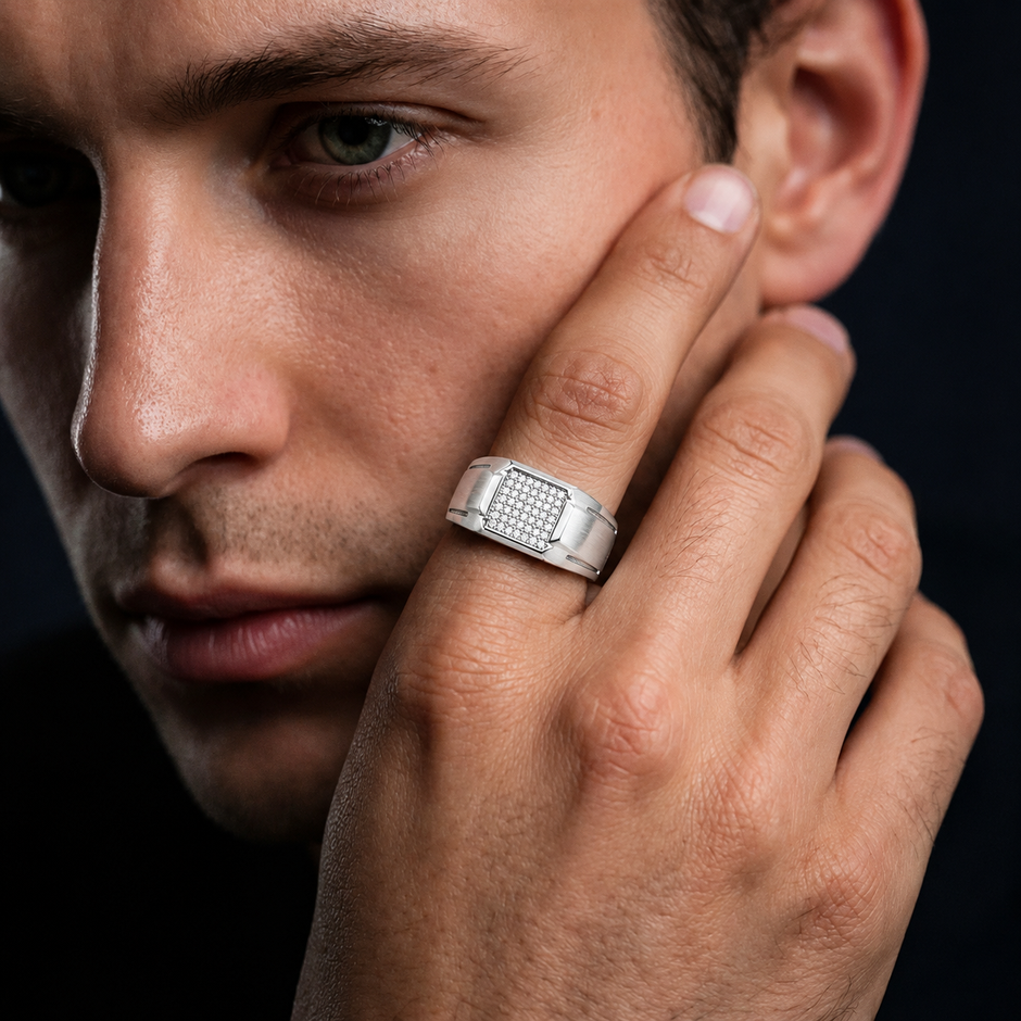 925 sterling silver men’s rectangular CZ cluster statement ring