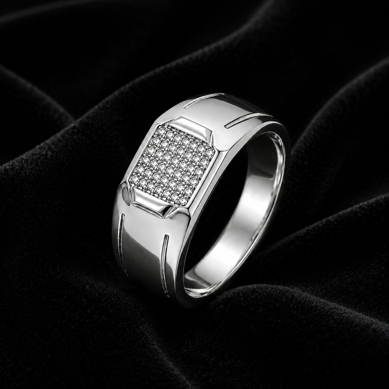925 sterling silver men’s rectangular CZ cluster statement ring