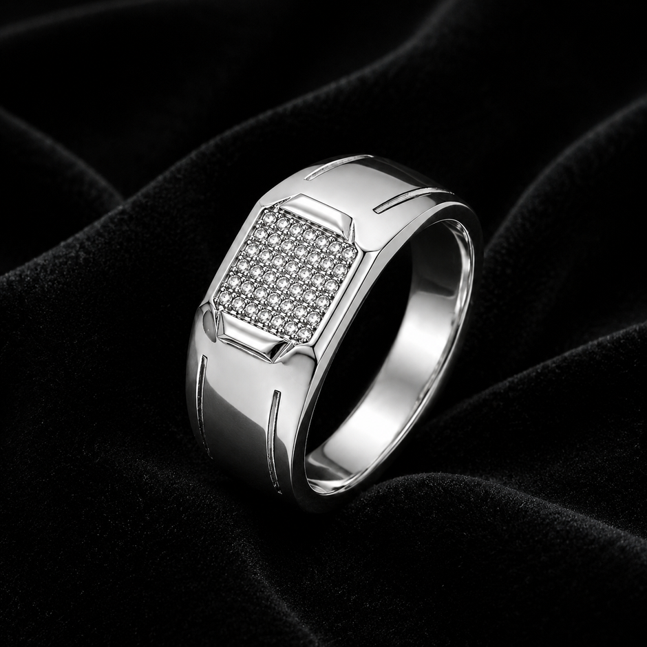 925 sterling silver men’s rectangular CZ cluster statement ring