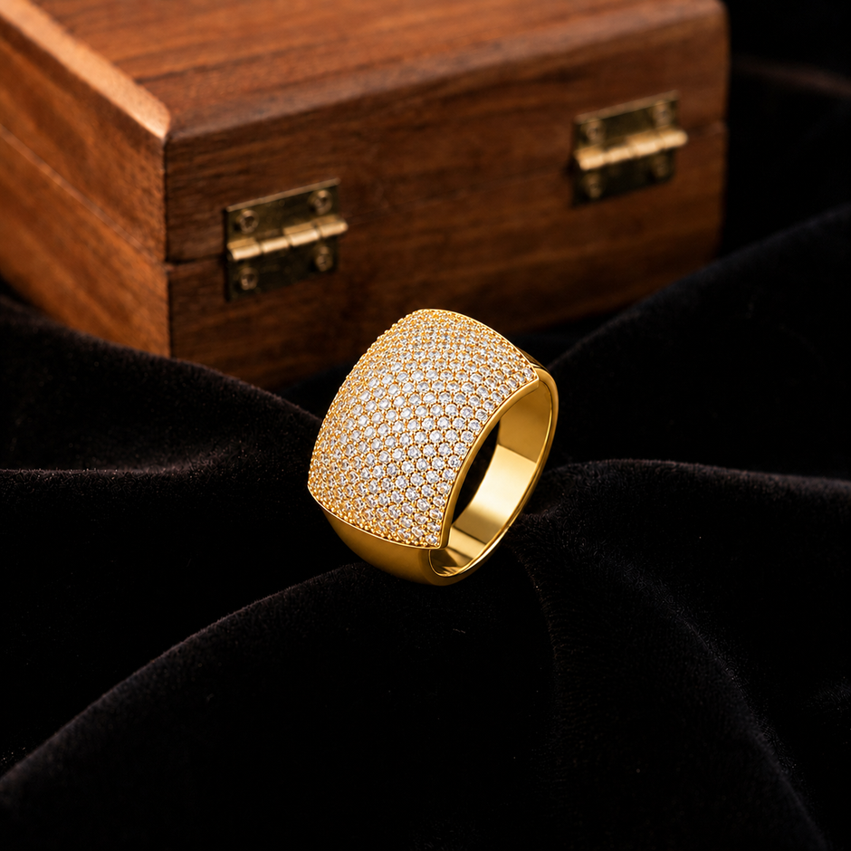 Pave CZ Diamond Statement Ring for Men 925 Sterling Silver Gold Finish
