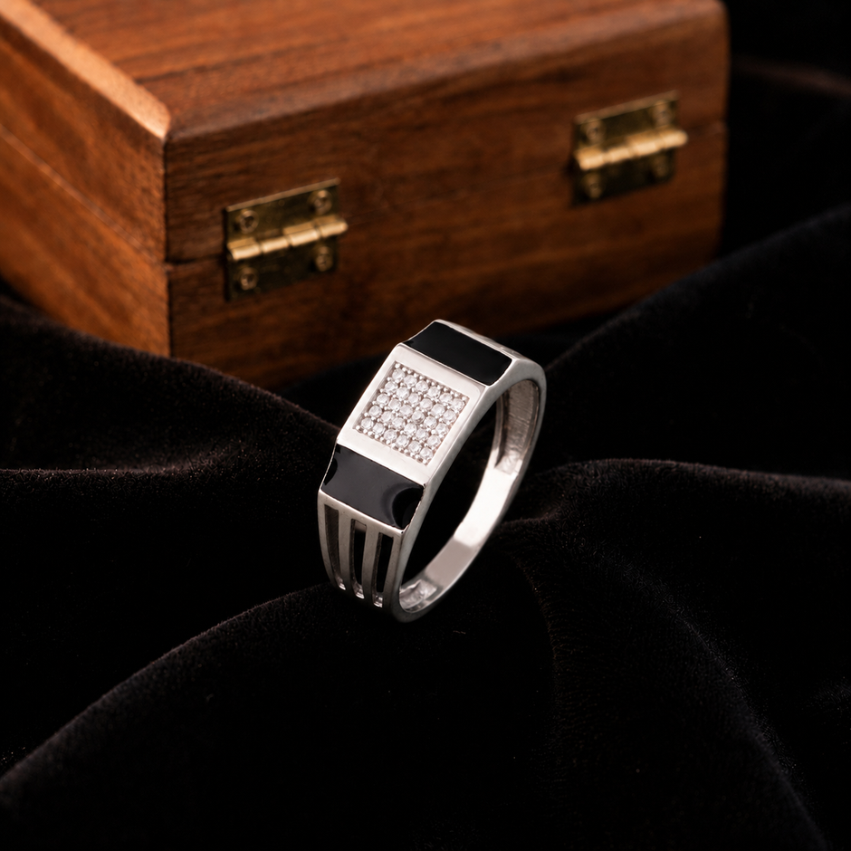 Dual Black enamel Strip cz Diamond 925 Sterling Silver Ring for men