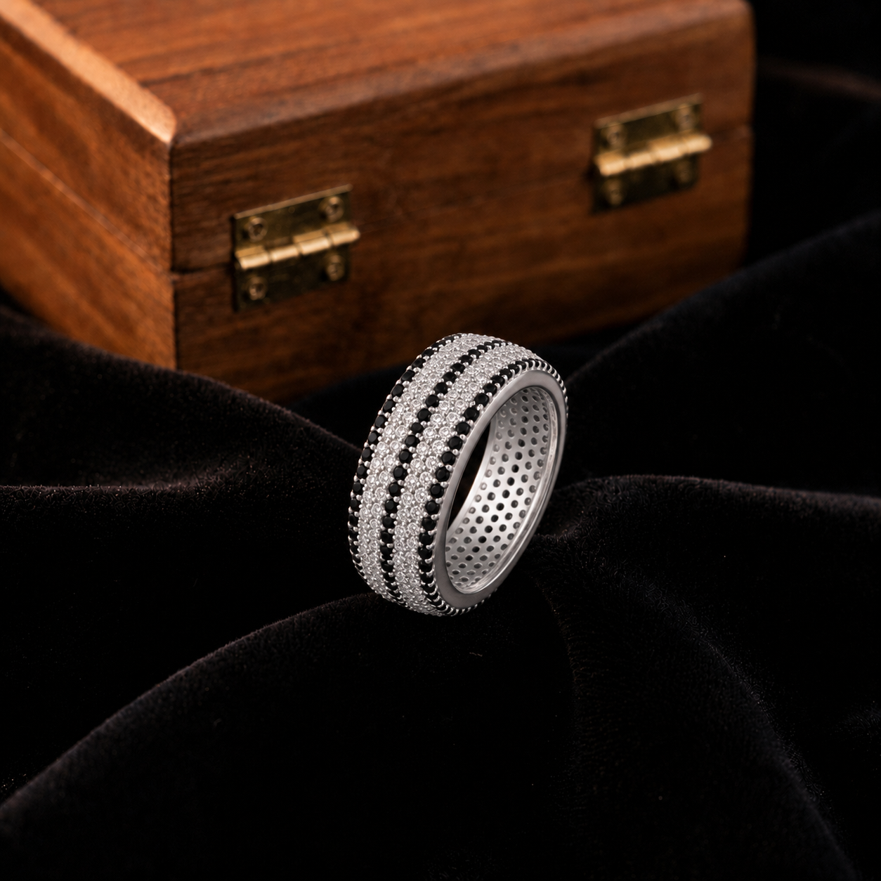 Black & White Pave Diamond 925 Sterling Silver Couple Band for Men
