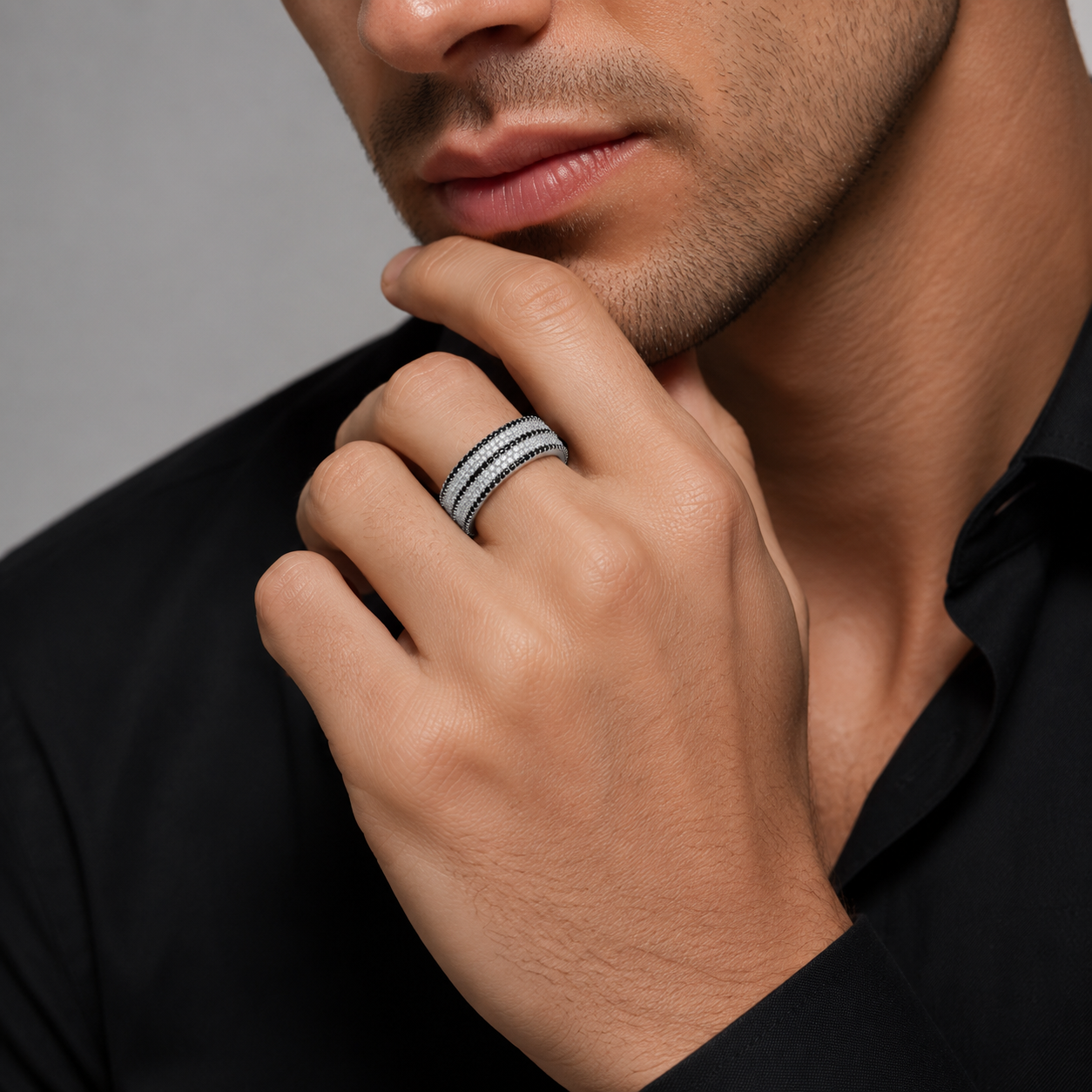 Black & White Pave Diamond 925 Sterling Silver Couple Band for Men