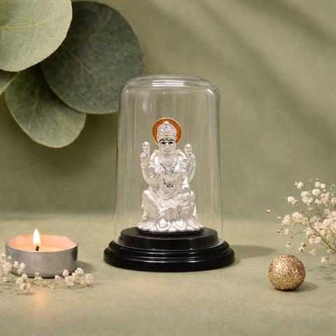 Divine Goddess Lakshmi Silver Murti with Glass Dome
