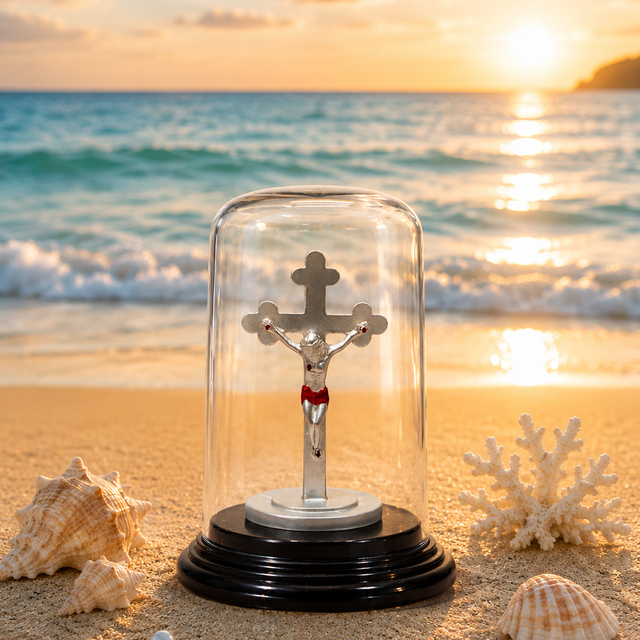 Sacred Jesus Christ Crucifix Silver Idol with Glass Dome