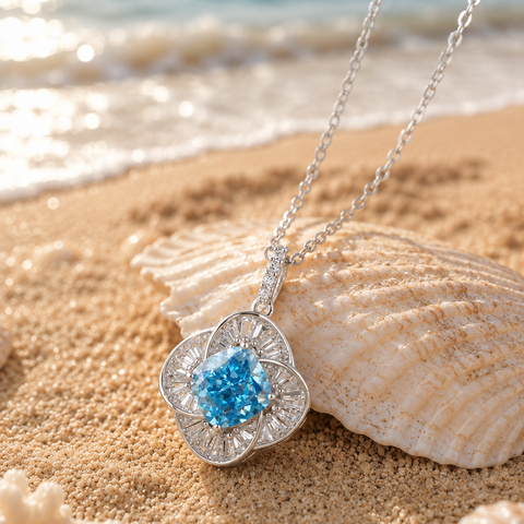 Azure Bloom Blue Diamond Floral Design 925 Sterling Silver Pendant Chain for Women