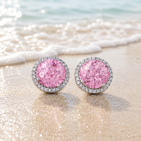 Pink Round Halo Earrings