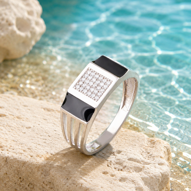 Dual Black enamel Strip cz Diamond 925 Sterling Silver Ring for men