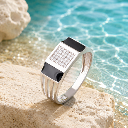 Dual Black enamel Strip cz Diamond 925 Sterling Silver Ring for men