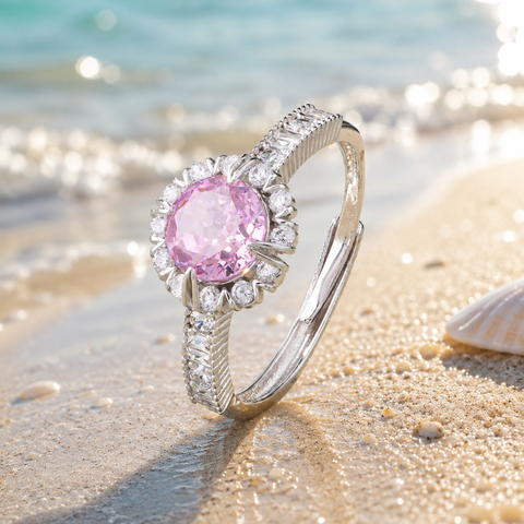 Pink Sparkle Stone Diamond Silver Ring