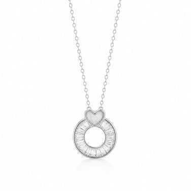 925 Sterling Silver Open Circle Necklace for Women with White Mother of Pearl Heart and Baguette Cubic Zirconia Halo Pendant