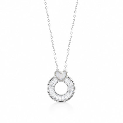 925 Sterling Silver Open Circle Necklace for Women with White Mother of Pearl Heart and Baguette Cubic Zirconia Halo Pendant