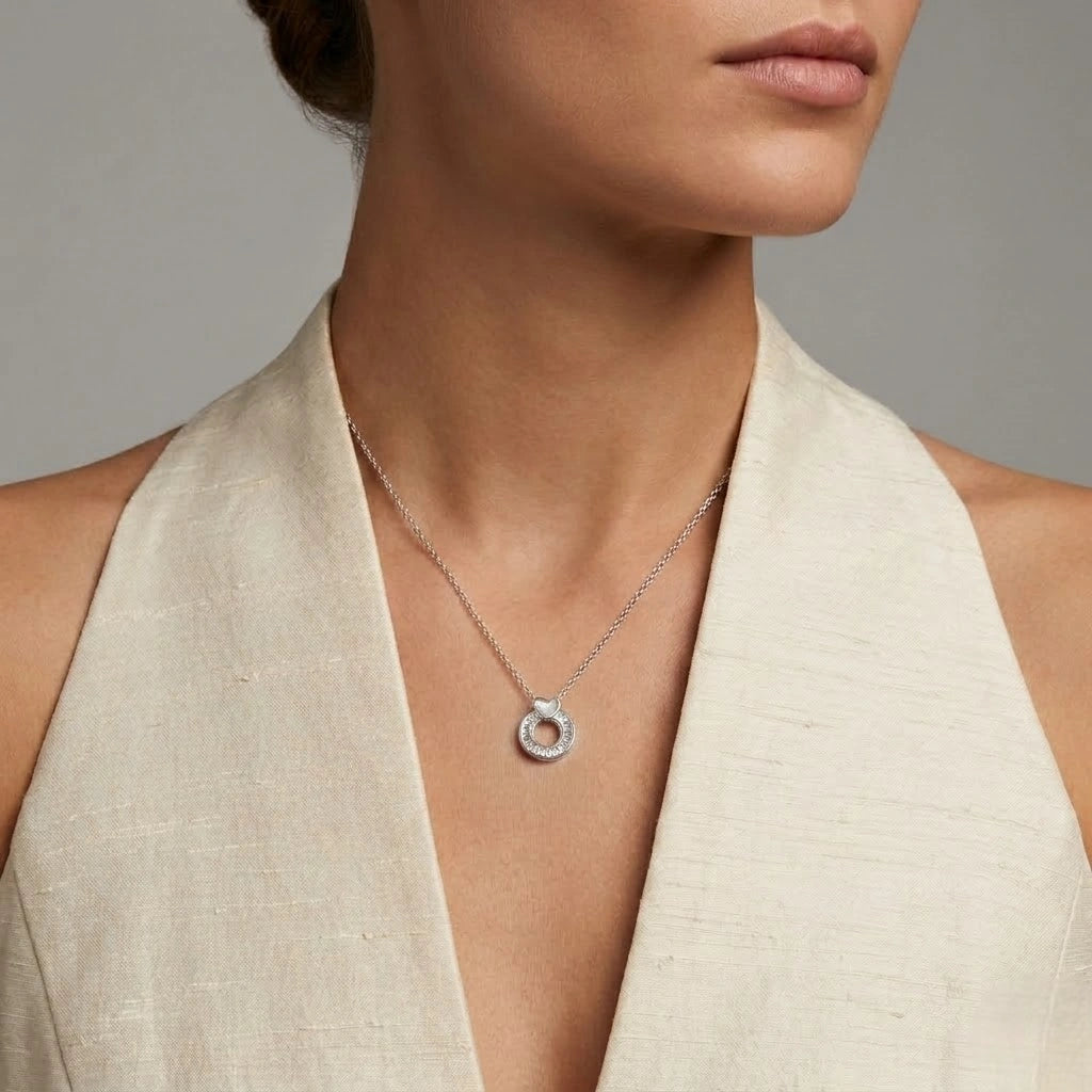 Circle Heart Diamond 925 Sterling Silver Pendant Chain for Women