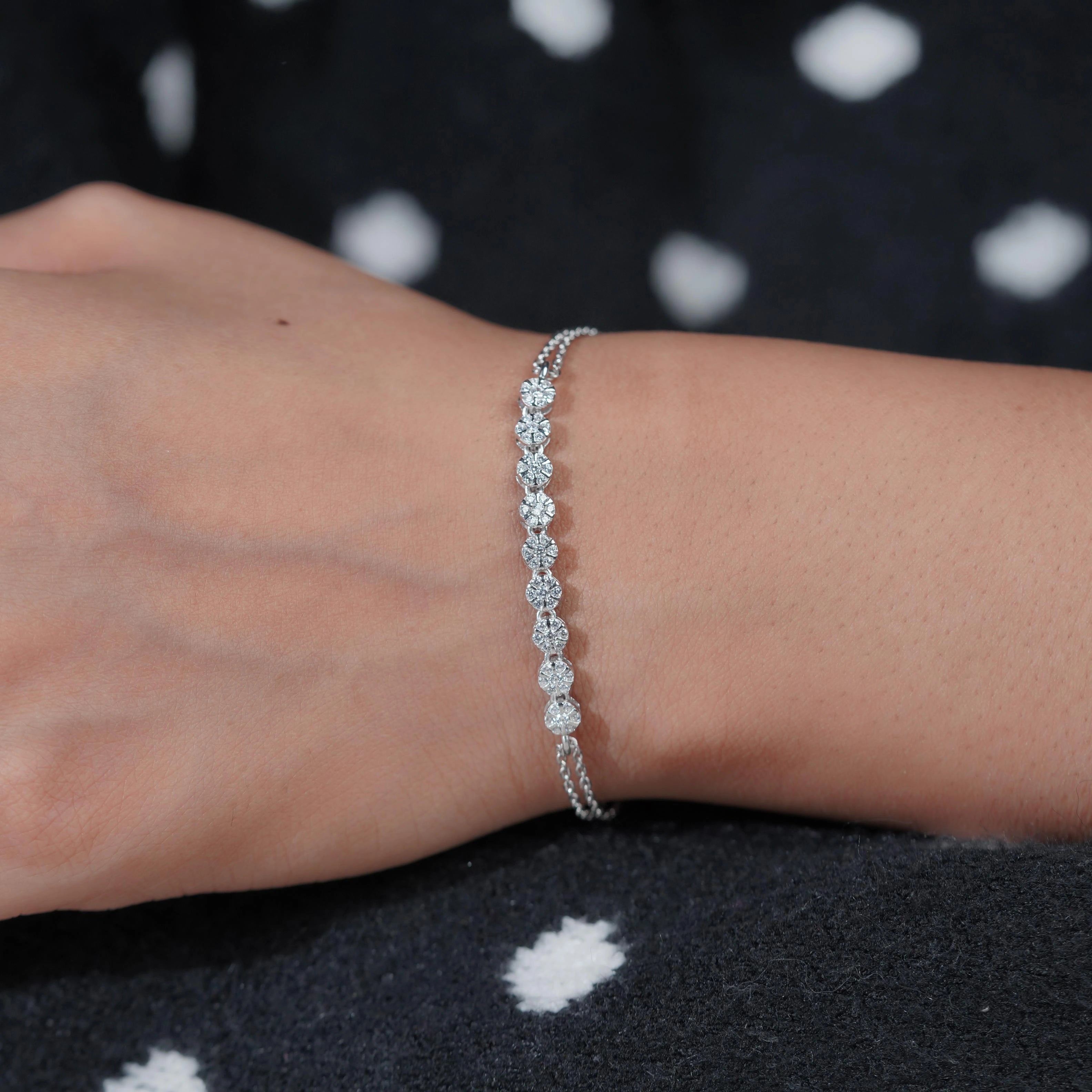 Round Diamond Adjustable Silver Bracelet for Women