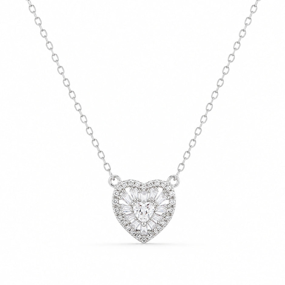 Classic Heart Stone 925 Sterling Silver Pendant Chain for Women