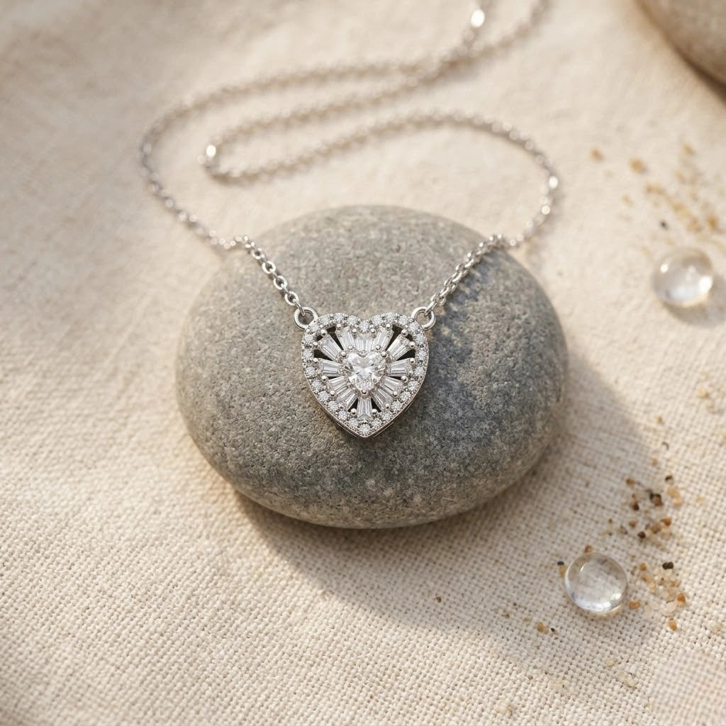 Classic Heart Stone 925 Sterling Silver Pendant Chain for Women