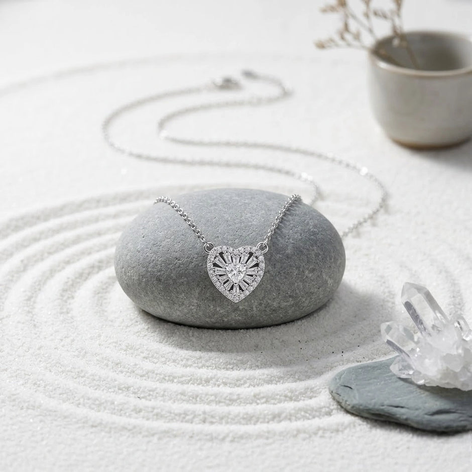 Classic Heart Stone 925 Sterling Silver Pendant Chain for Women