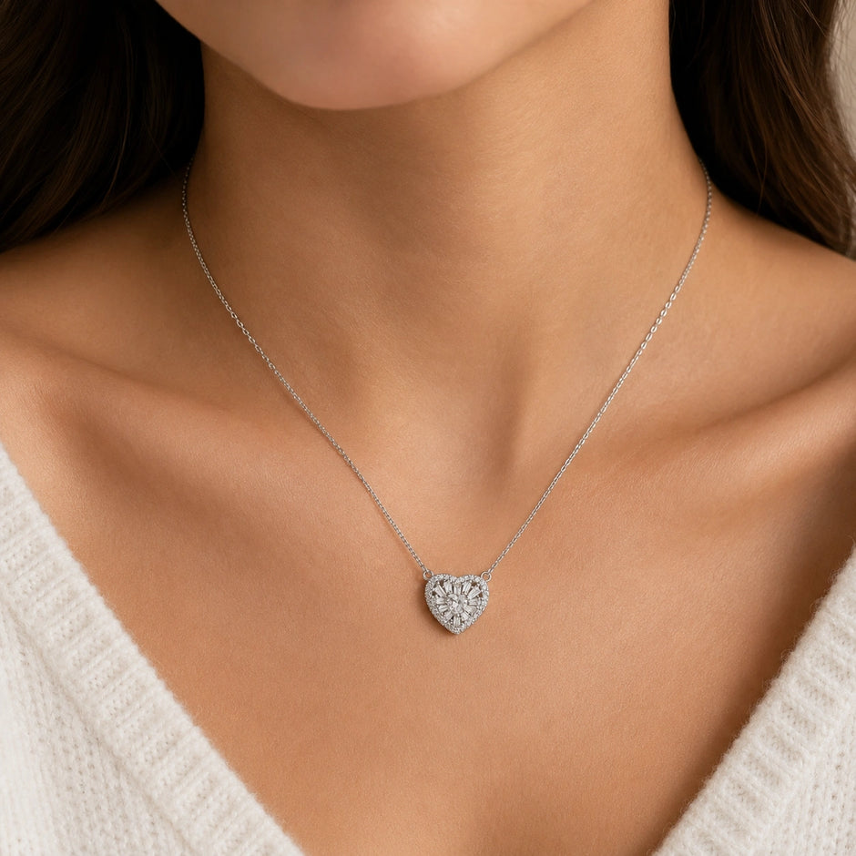 Classic Heart Stone 925 Sterling Silver Pendant Chain for Women