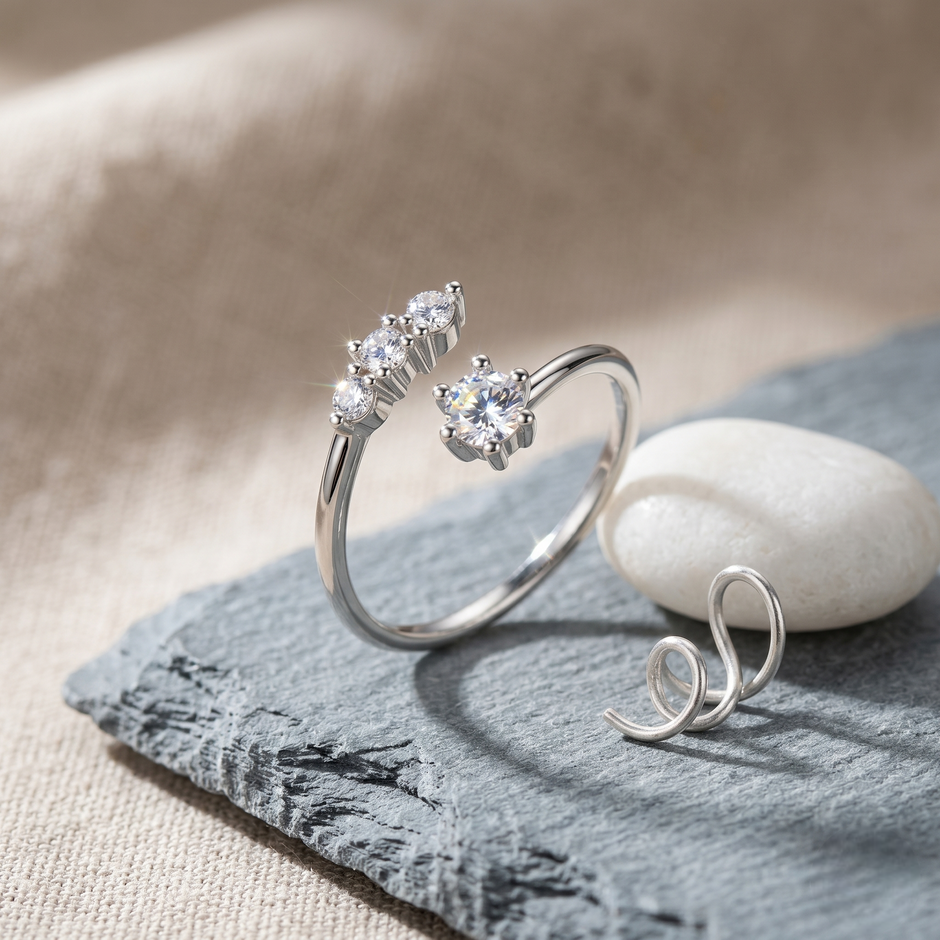 Classic Solitaire & Three Stone Open Ring – 925 Sterling Silver Ring for Women