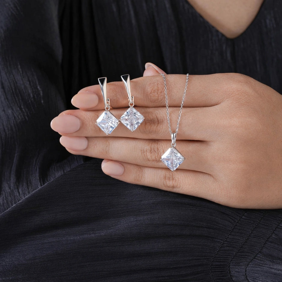 Classic Square CZ Drop 925 Sterling Silver Pendant Set for Women