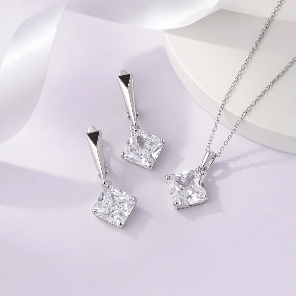 Classic Square CZ Drop 925 Sterling Silver Pendant Set for Women