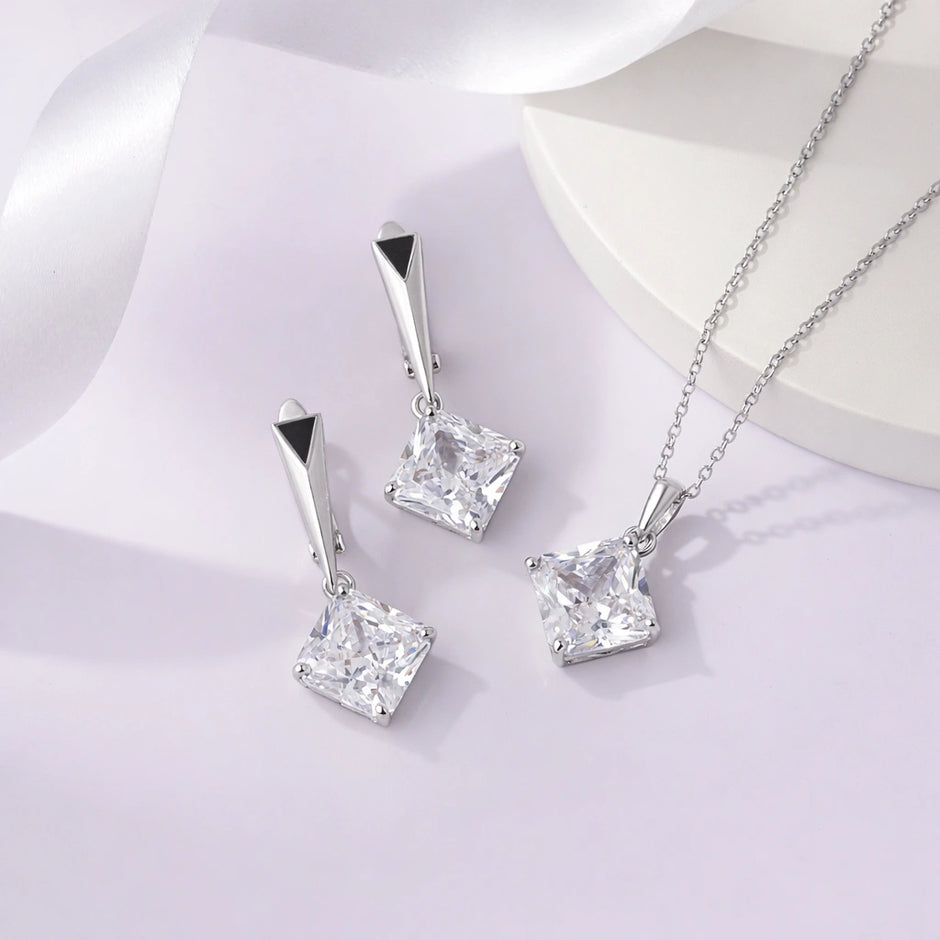 Classic Square CZ Drop 925 Sterling Silver Pendant Set for Women