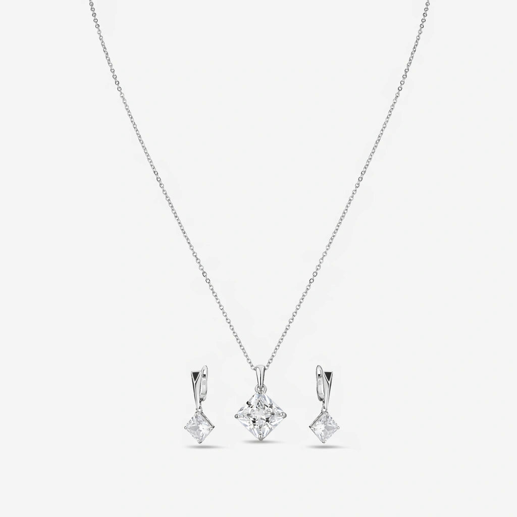Classic Square CZ Drop 925 Sterling Silver Pendant Set for Women