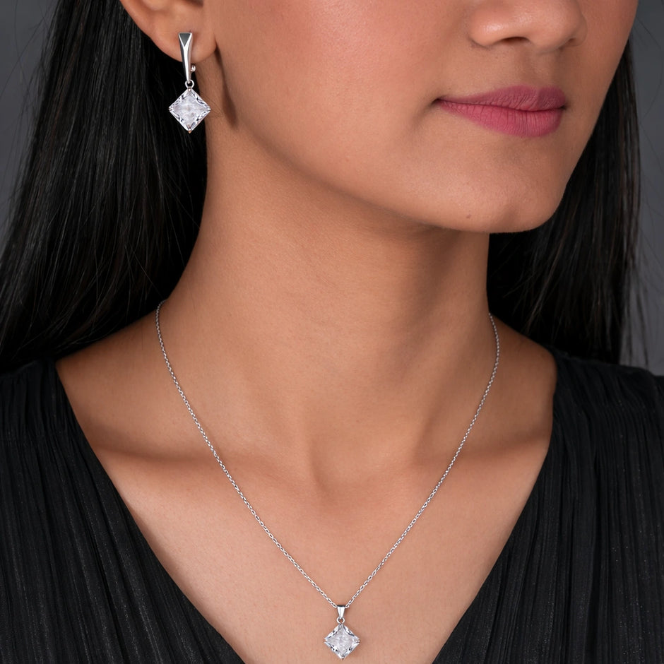 Classic Square CZ Drop 925 Sterling Silver Pendant Set for Women