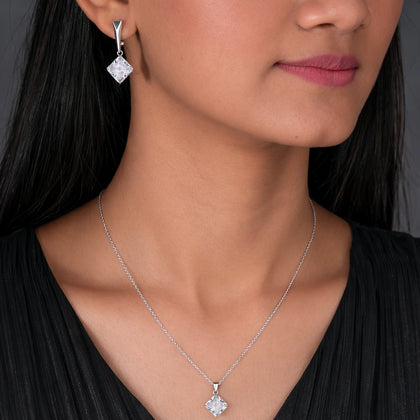 Classic Square CZ Drop 925 Sterling Silver Pendant Set for Women