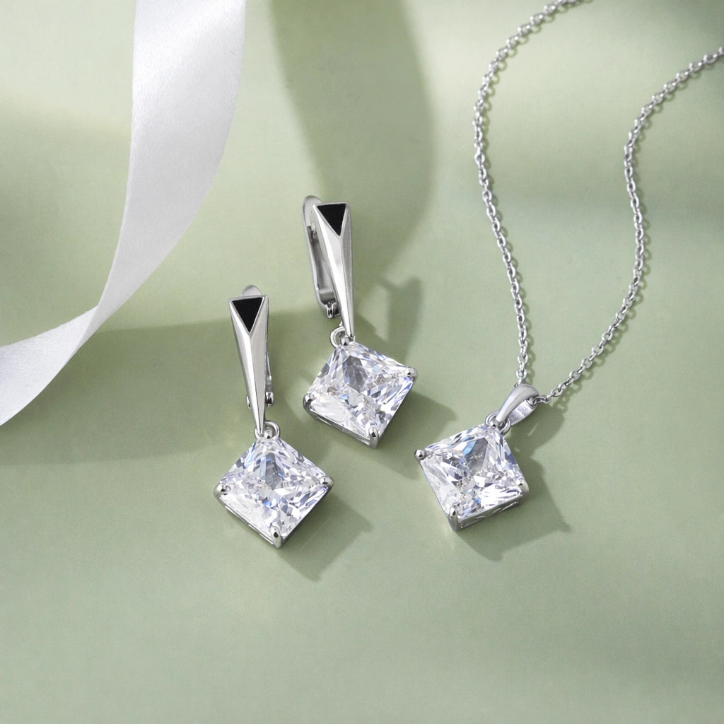 Classic Square CZ Drop 925 Sterling Silver Pendant Set for Women