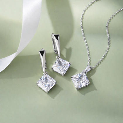 Classic Square CZ Drop 925 Sterling Silver Pendant Set for Women