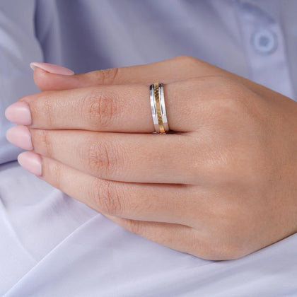 Classic Dual-Tone Diamond Texture Design 925 Sterling Silver Yellow Gold Couple Band for Women