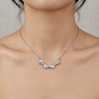 925 Sterling Silver Triple Heart Necklace for Women with White Enamel and Pavé Cubic Zirconia Hearts